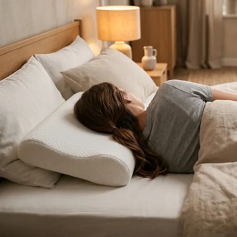 Pessoa a dormir de lado na almofada ergonómica com a capa branca