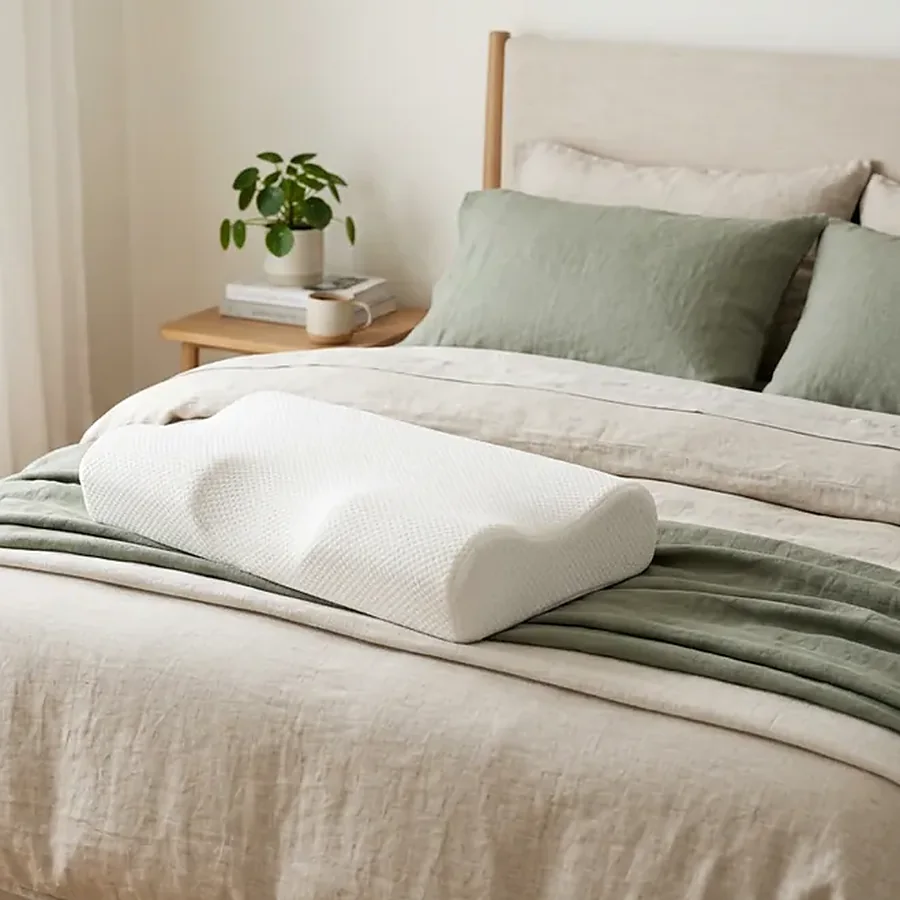 Almofada ergonómica com a capa branca numa cama com roupa de linho