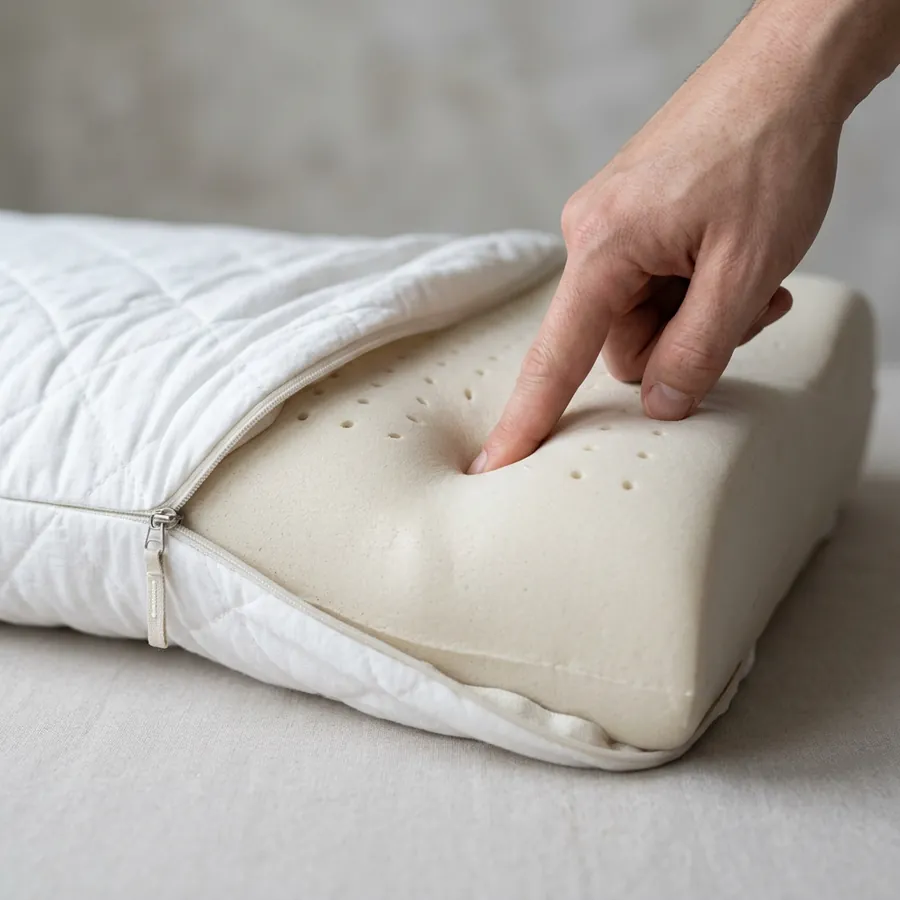 Capa aberta a mostrar a espuma viscoelástica com canais de ventilação