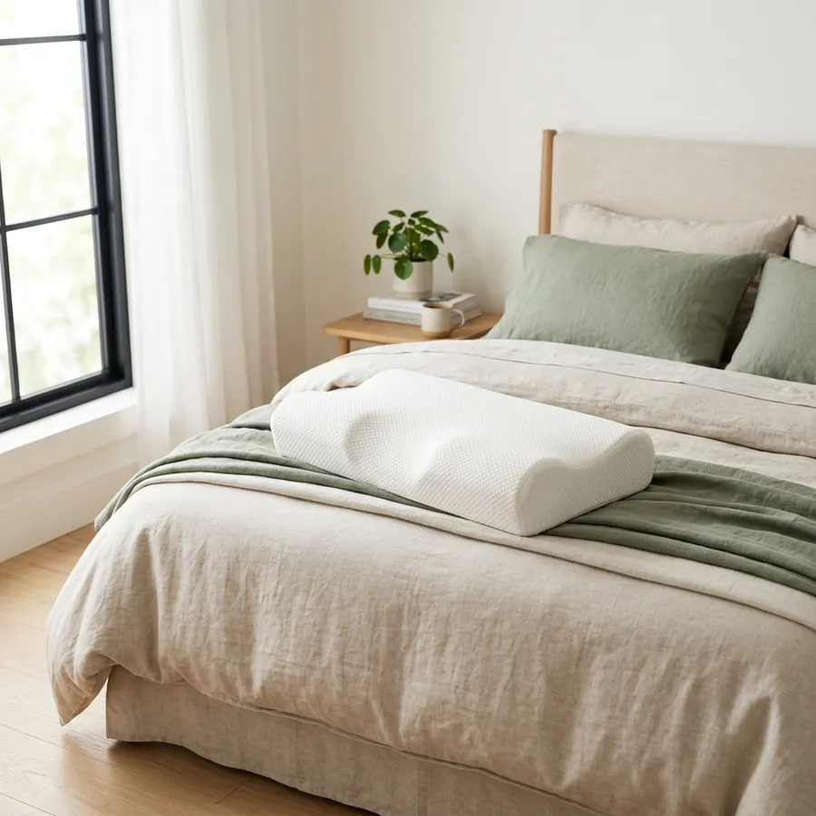 Almofada Laskero numa cama arrumada, num quarto luminoso